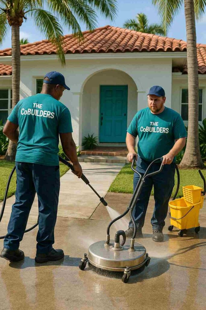 Two workers from CoBuilders pressure wash a driveway in front of a house, wearing matching uniforms.