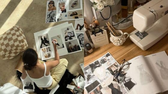 Retail Inventory Management That Works as Softly as Design Aesthetic Woman creating fashion mood board beside sewing machine and sketches. | Sky Rye Design Woman creating fashion mood board beside sewing machine and sketches.