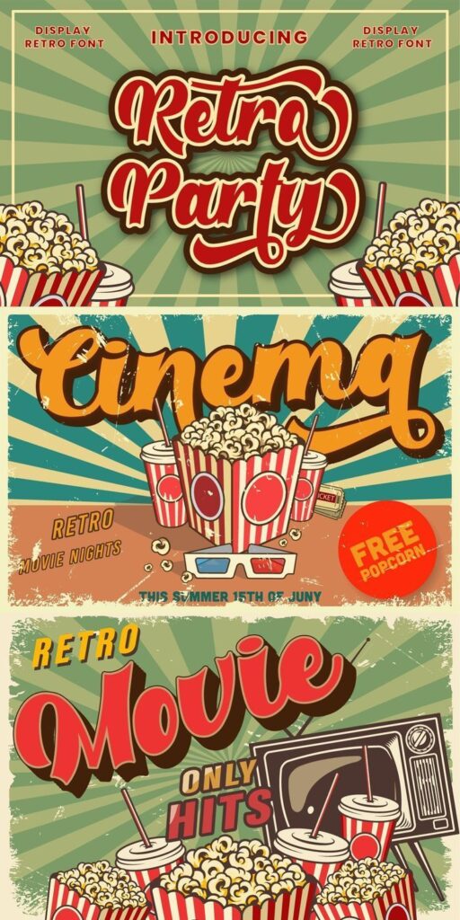 Retro party and movie night poster featuring popcorn, drinks, and vintage font with summer event details.