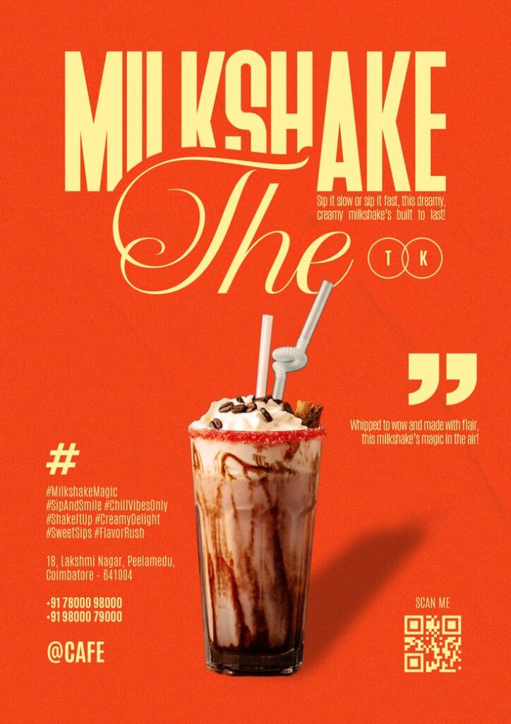 Decadent chocolate milkshake with whipped cream and toppings against vibrant orange background, promotional flyer.