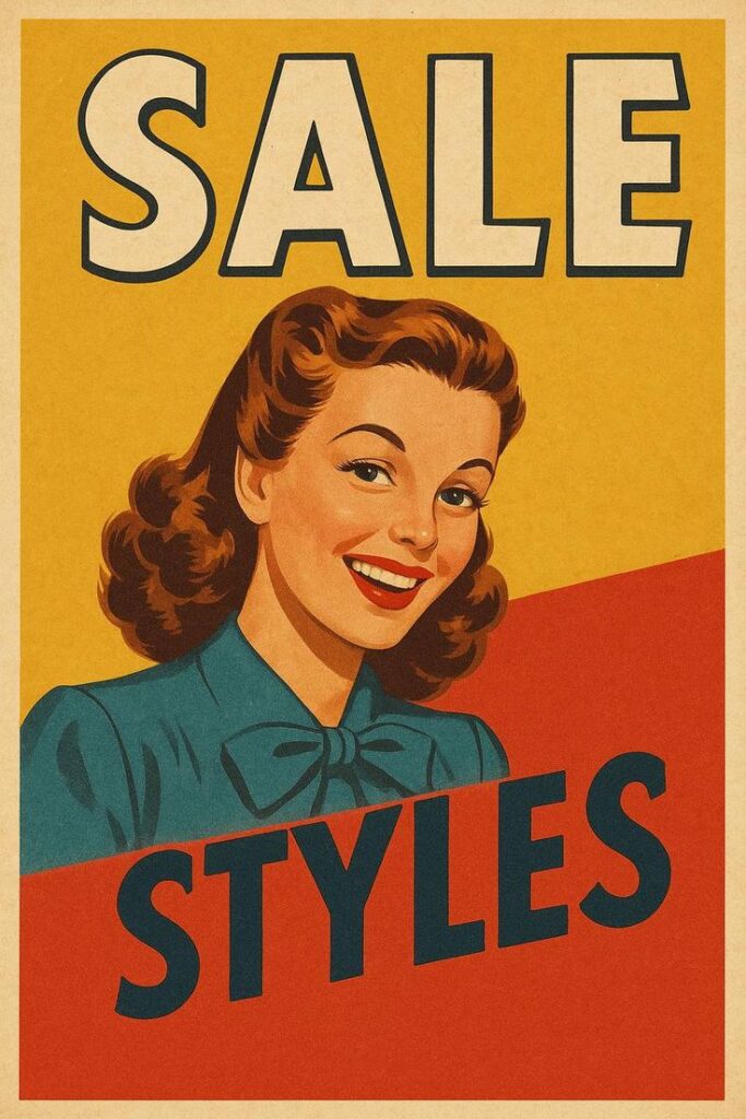 Retro sale poster with smiling woman in vintage attire, bold text saying Sale Styles in vibrant colors.