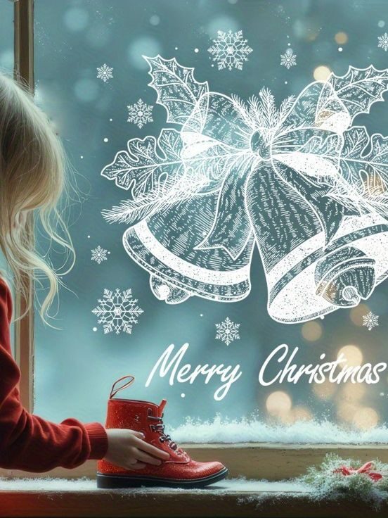 Child looking at Christmas window display with bells, snowflakes, and Merry Christmas message. Cozy holiday scene.
