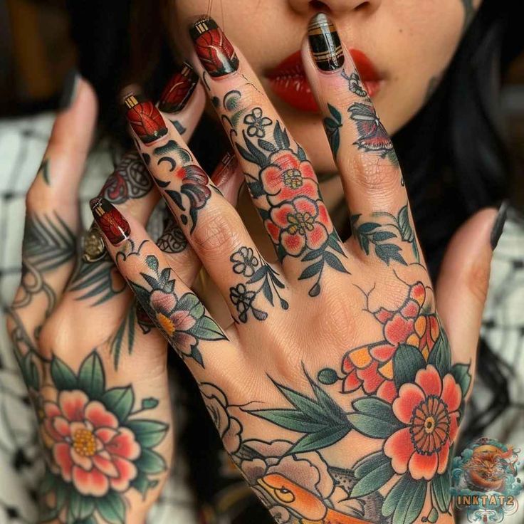 Vibrant floral tattoos covering hands with detailed, colorful designs and matching nail art.