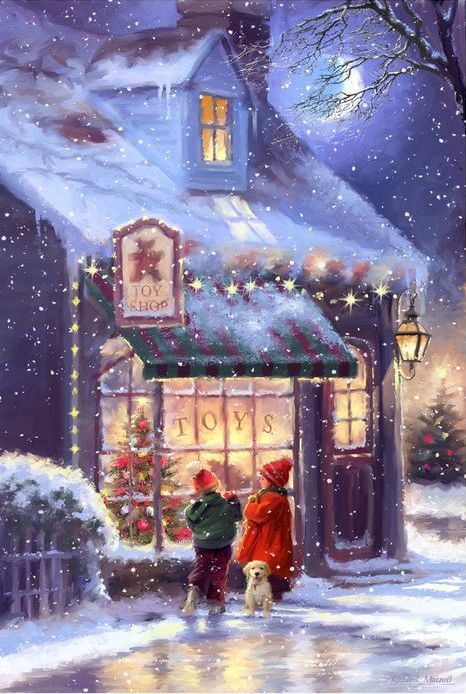 Children admire a toy shop window on a snowy night, with Christmas lights and a decorated tree nearby.