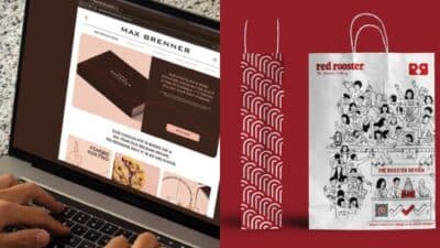 Laptop shows Max Brenner chocolates website; right side features Red Rooster branded packaging against a red background.