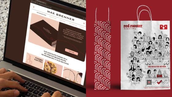 Rising Packaging Costs How Glass Aluminium and Plastics Are Reshaping Business Decisions Laptop shows Max Brenner chocolates website; right side features Red Rooster branded packaging against a red background. | Sky Rye Design Laptop shows Max Brenner chocolates website; right side features Red Rooster branded packaging against a red background.
