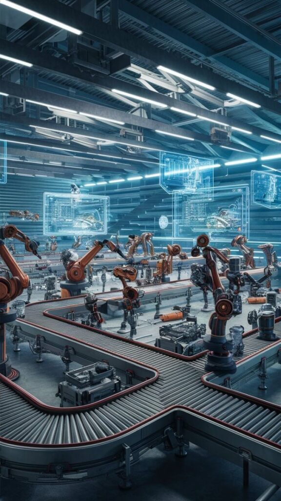 Futuristic factory with robotic arms, conveyor belts, and digital displays in high-tech manufacturing setting.