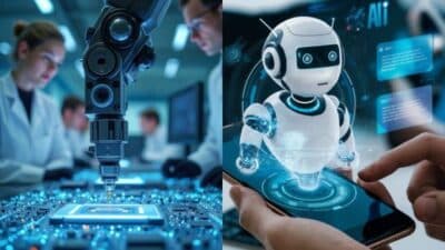 Robotic arm assembling a microchip; AI hologram displayed on a smartphone.