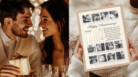 Romantic Anniversary Gift Ideas to Honor Love Story Couple celebrating anniversary with gift, holding photo collage calendar. Romantic setting with warm lights. | Sky Rye Design Couple celebrating anniversary with gift, holding photo collage calendar. Romantic setting with warm lights.