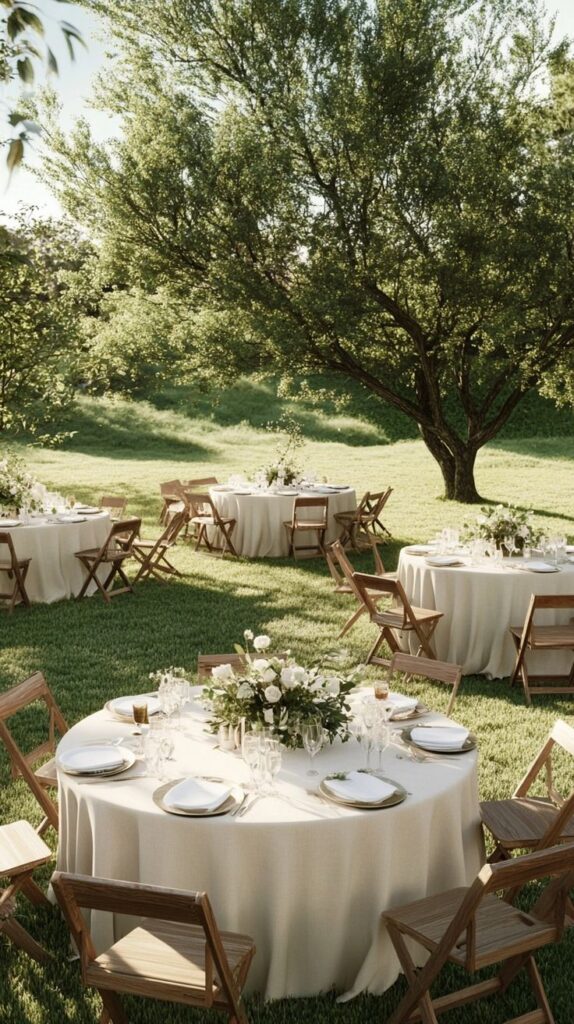 Elegant outdoor wedding reception setup with round tables, wooden chairs, and floral centerpieces under a large tree.