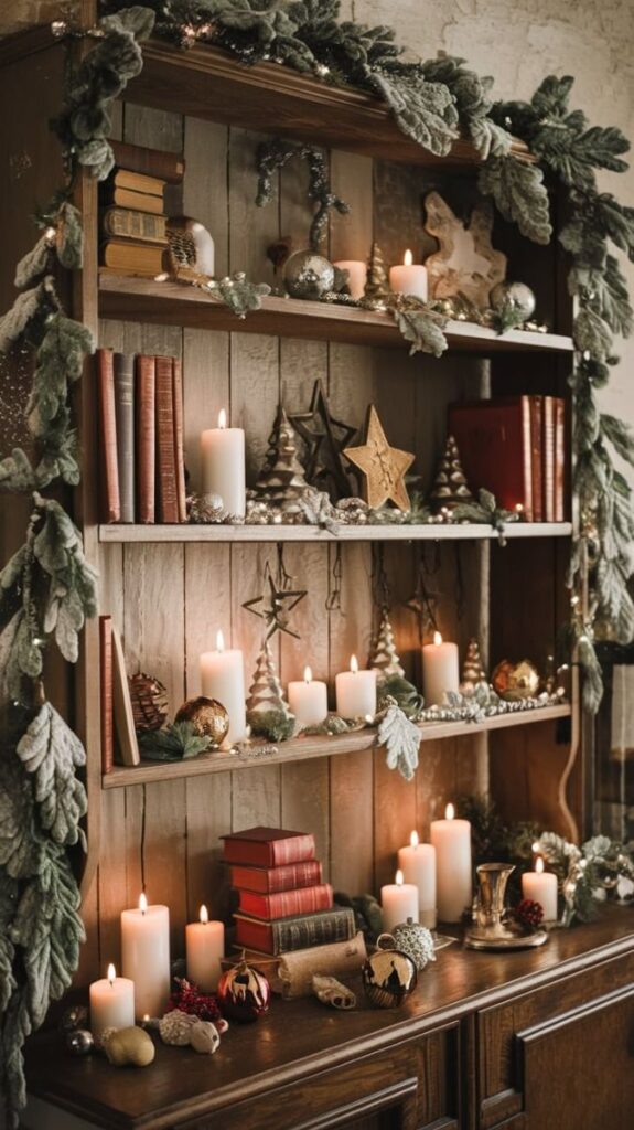Rustic Vintage Christmas Decorations 🎄 _ Christmas Decorations Rustic Elegant holiday decor on a wooden shelf with candles, books, and festive ornaments, surrounded by evergreen garlands. | Sky Rye Design Elegant holiday decor on a wooden shelf with candles, books, and festive ornaments, surrounded by evergreen garlands.