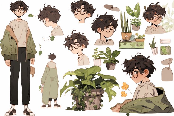 Illustrated character design with various expressions, surrounded by potted plants and botanical elements.