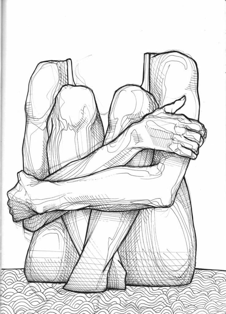 Line art of a faceless person sitting with knees up, arms wrapped around legs, creating an abstract and introspective pose.