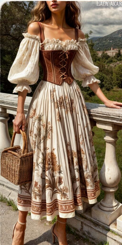 Woman in a floral vintage dress with puff sleeves and a wicker basket, standing by a scenic rail in the countryside.