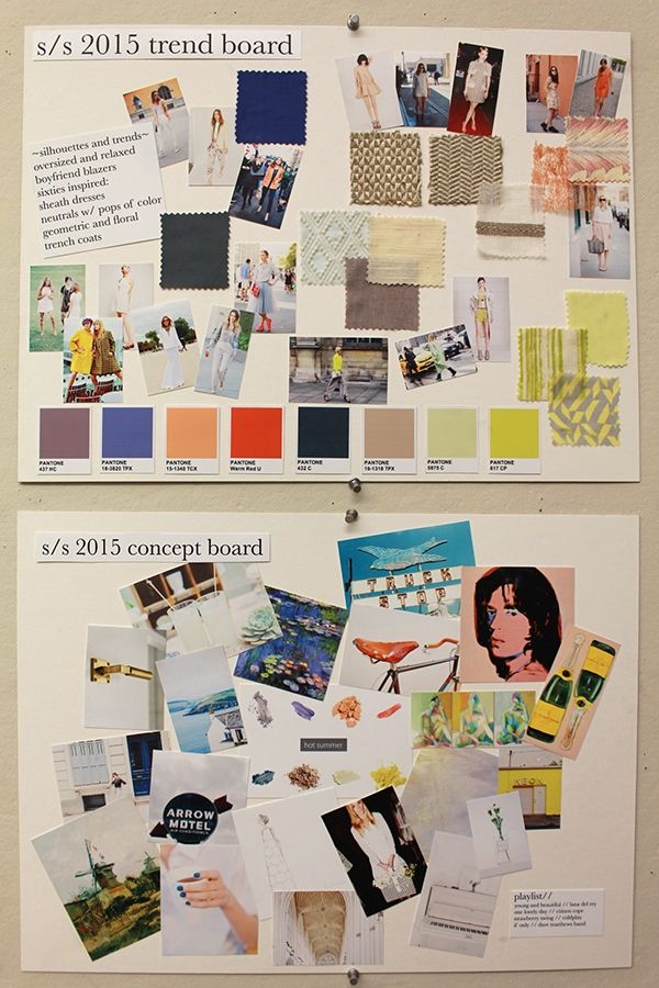 Fashion trend and concept boards for Spring/Summer 2015 with color swatches, fabric samples, and inspirational images.