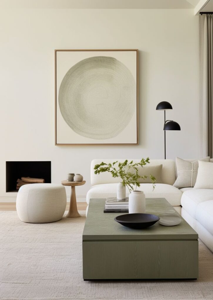 Modern living room with abstract painting, cozy white couch, minimal decor, and a sleek green coffee table.