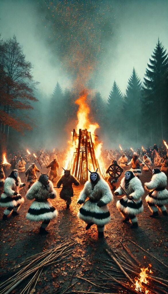 Masked dancers in fur costumes circle a large bonfire in a forest during a vibrant cultural festival.