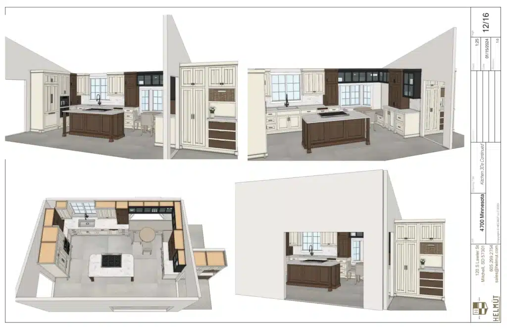 3D kitchen design layout with island, cabinetry, and modern appliances, displaying various angles and perspectives.