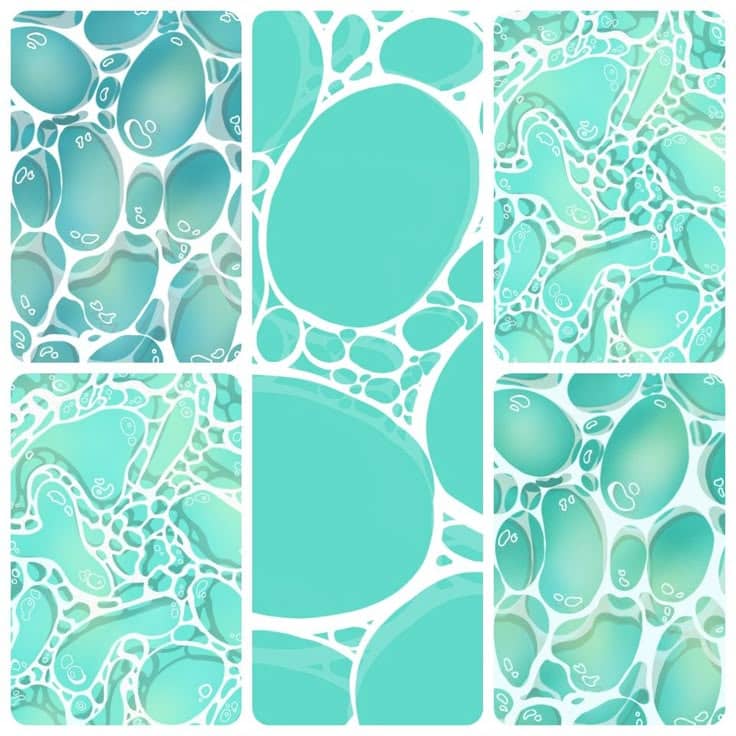Abstract turquoise pattern with bubbles and organic shapes, resembling cellular or underwater forms.