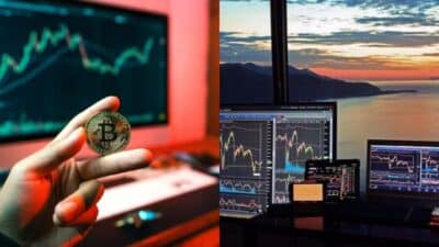 Person holding a Bitcoin coin, with financial trading graphs on screens by the seaside at sunset.