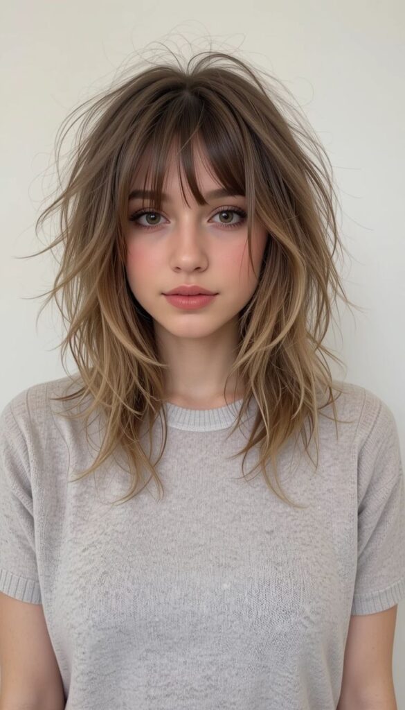 Woman with stylish layered haircut and bangs wearing a gray sweater, minimalist background.