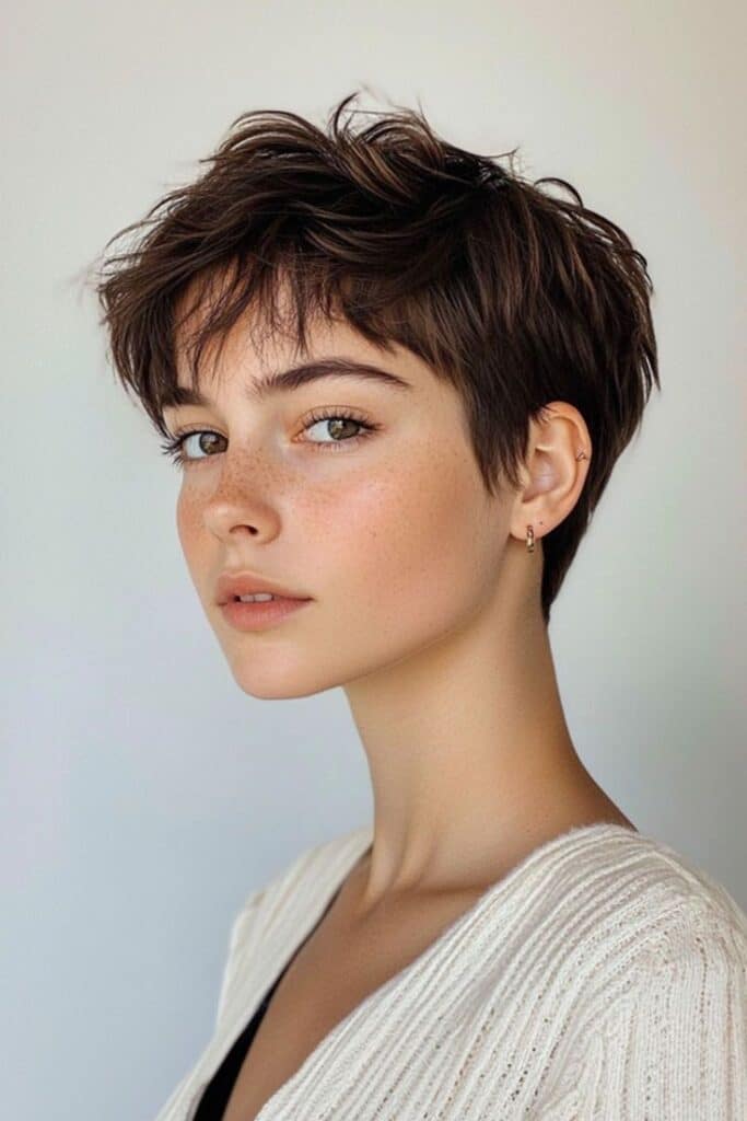 Young woman with a short pixie haircut, wearing a white sweater, gazing confidently at the camera.