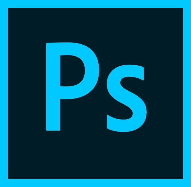 Photoshop logo with bold blue Ps letters on a black background outlined with a light blue border.