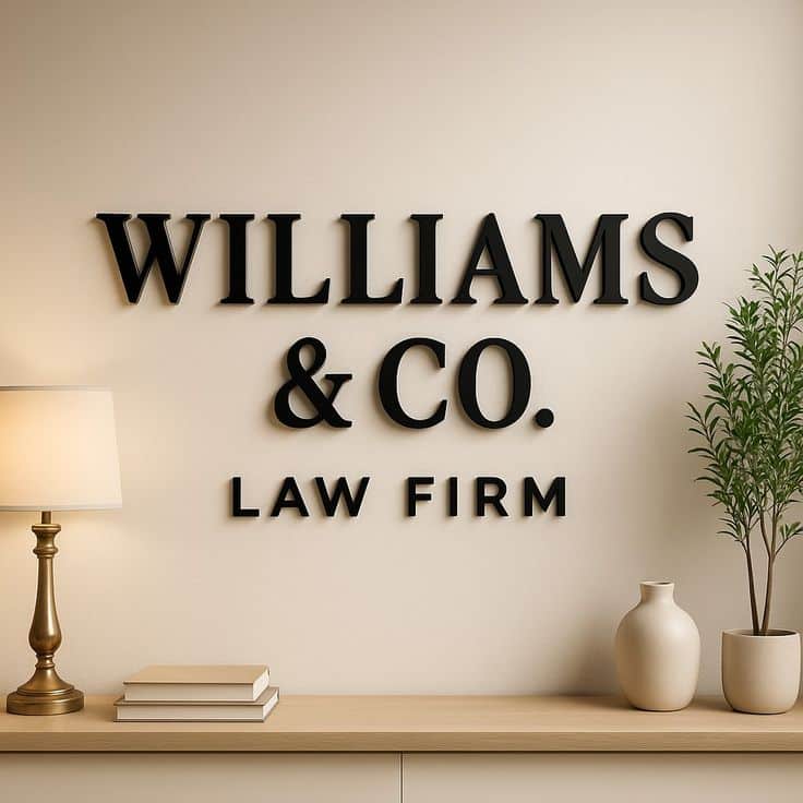 Office wall with 'Williams & Co. Law Firm' sign, lamp, books, and potted plant for law office interior.