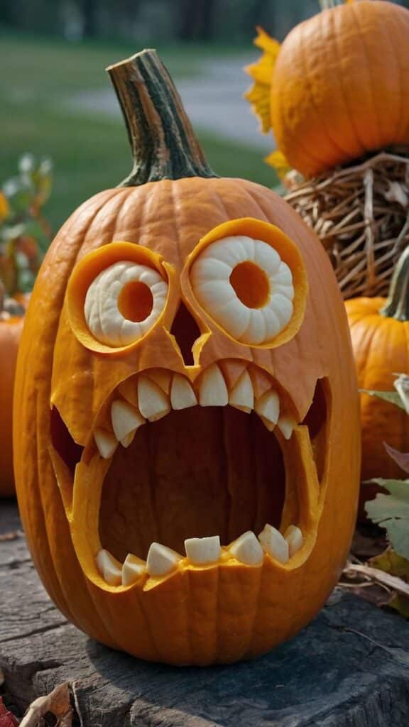 Scary jack-o'-lantern with large mouth and eyes, perfect for Halloween decoration on a wooden stump.