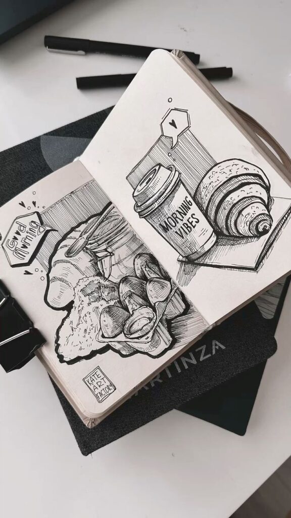 Sketchbook with coffee, croissant, and breakfast illustrations, captioned Morning Vibes and Good Morning.
