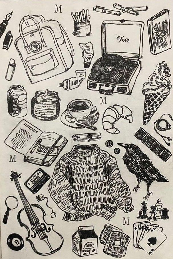 Sketchbook Doodles Vintage items sketch: backpack, record player, sweater, violin, coffee, ice cream, notebook, and various objects. | Sky Rye Design Vintage items sketch: backpack, record player, sweater, violin, coffee, ice cream, notebook, and various objects.