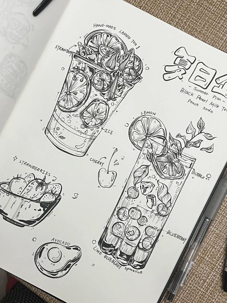 Sketchbook black and white drink soda lineart Hand-drawn illustrations of fruity drinks and ingredients, featuring lemons, blueberries, and strawberries in a sketchbook. | Sky Rye Design Hand-drawn illustrations of fruity drinks and ingredients, featuring lemons, blueberries, and strawberries in a sketchbook.