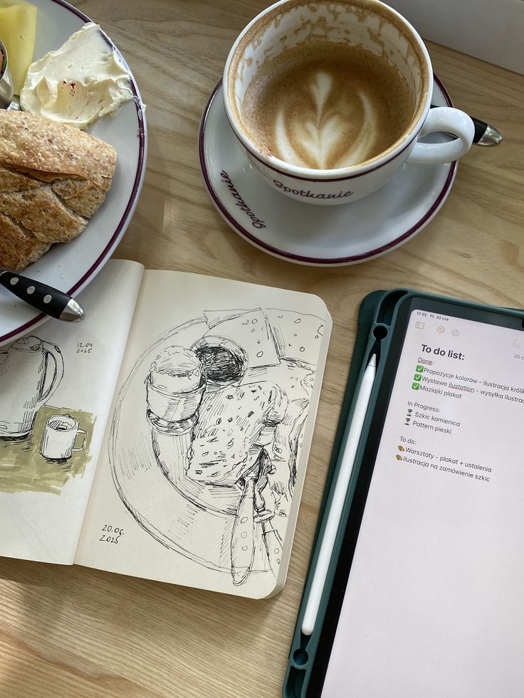 Coffee, bread, and sketchbook on table with digital to-do list on a tablet.