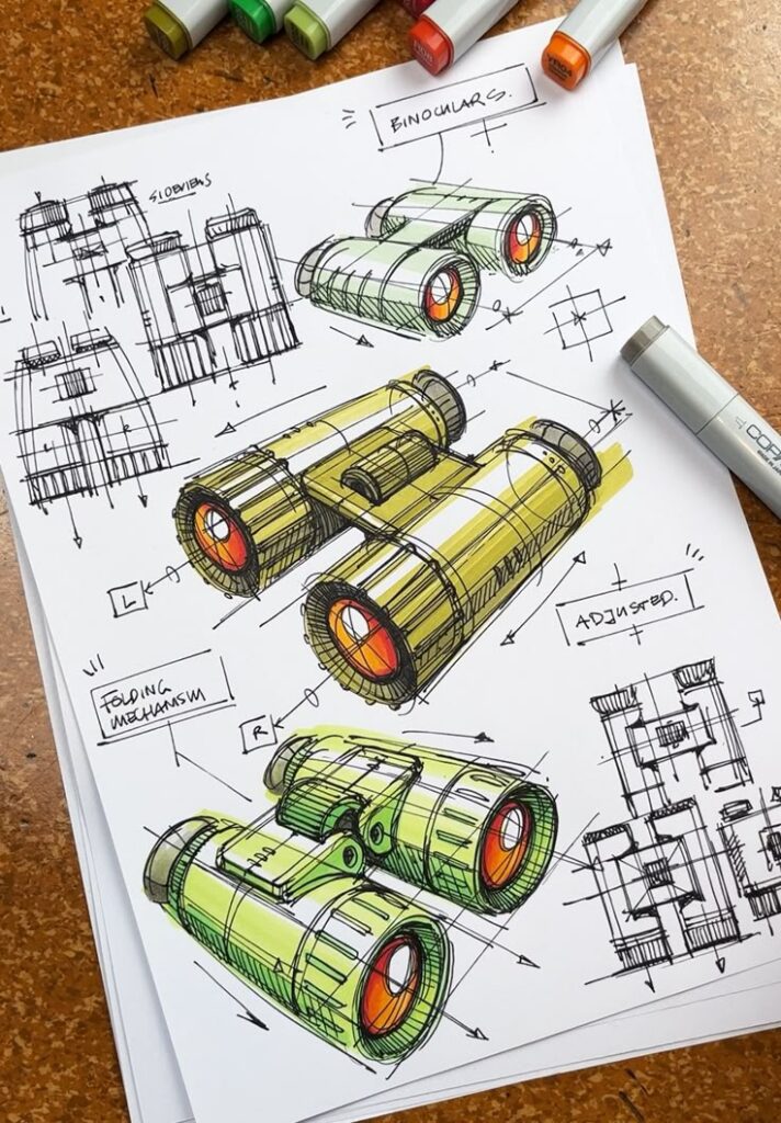 Sketches Illustrations 2023 Pt_ 6 - Marius Kindler Sketch designs of binoculars with colorful markers and annotations on paper. | Sky Rye Design Sketch designs of binoculars with colorful markers and annotations on paper.