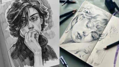 Two pencil sketch portraits in an art book with drawing tools, showcasing expressive black-and-white illustrations.