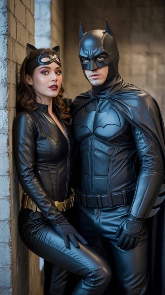 Two people dressed as superheroes in black leather costumes, standing together in a brick alleyway.