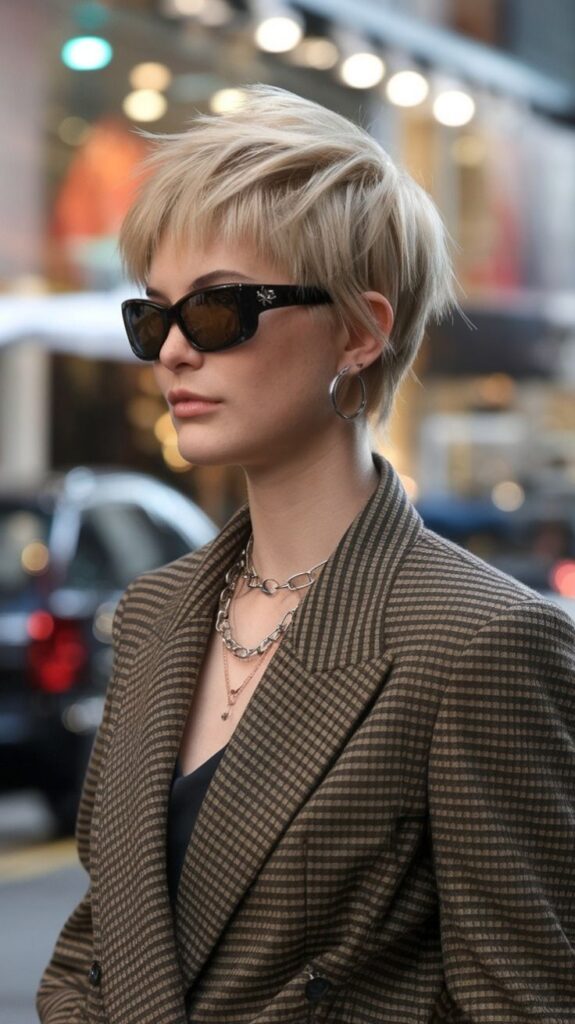 Stylish woman with short blonde hair, wearing sunglasses and plaid blazer, walking in city street.