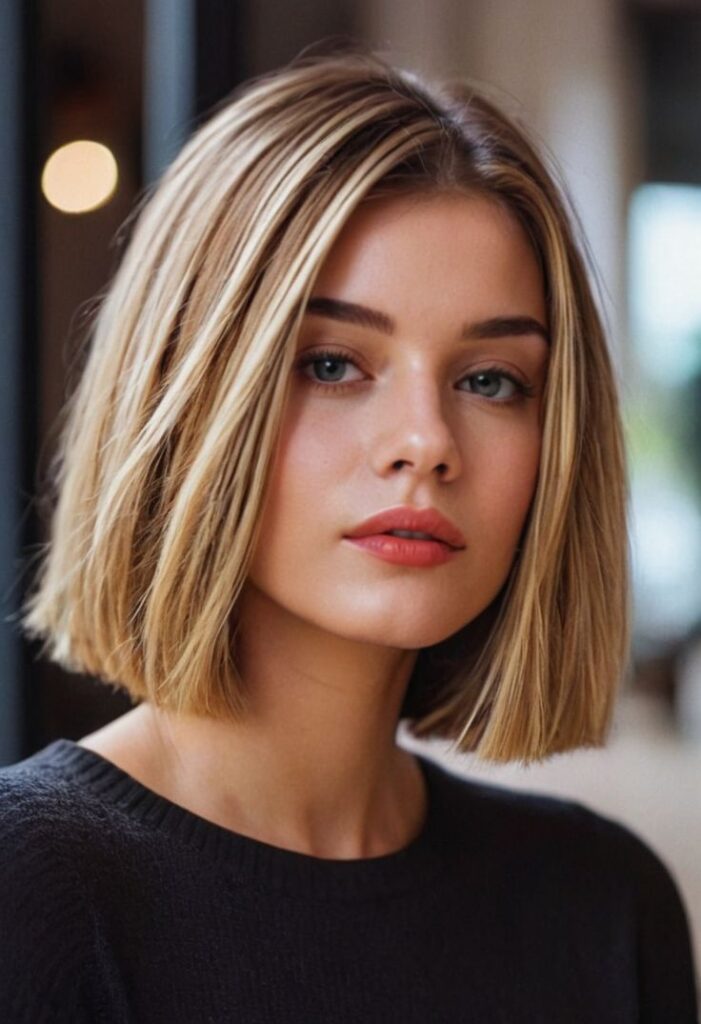 Young woman with a stylish blonde bob haircut wearing a black sweater, looking into the camera.