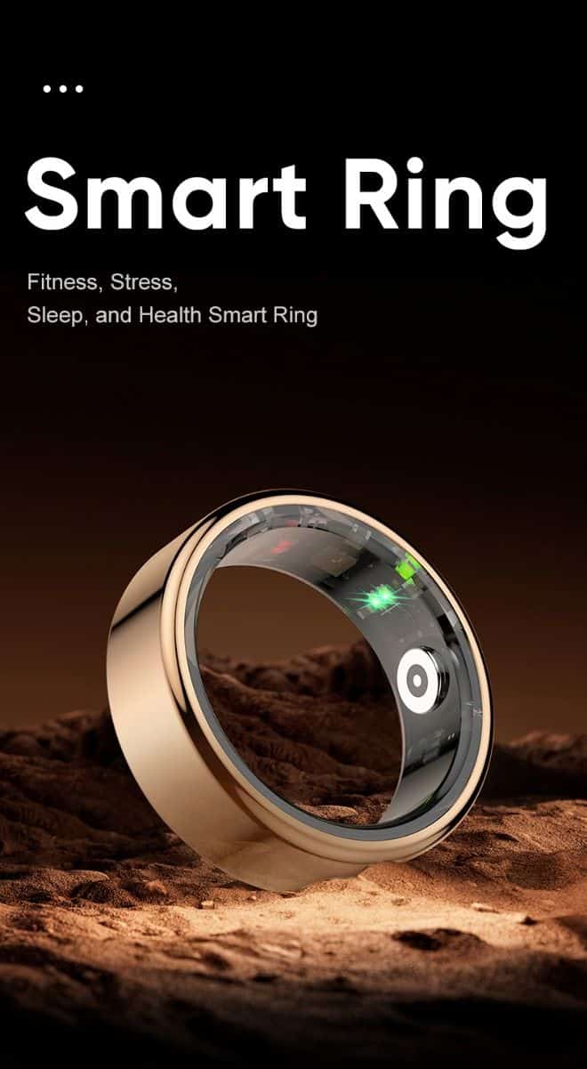 Gold smart ring for fitness, stress, sleep, and health tracking in desert setting. Advanced wearable technology.