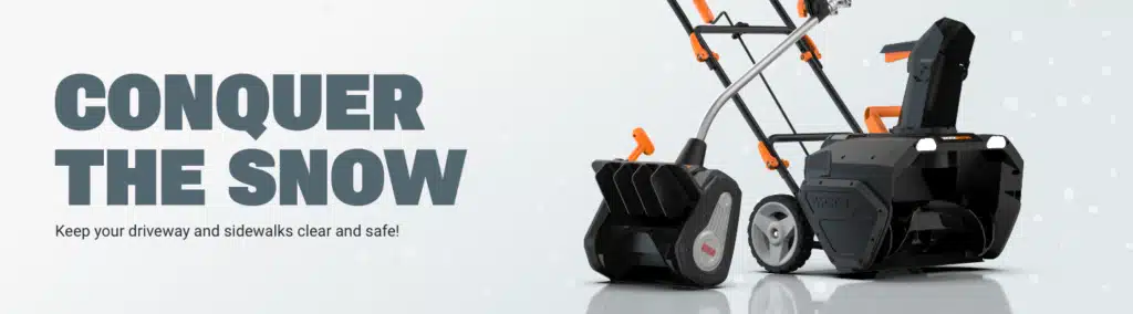 Electric snow blower on a snowy background with text Conquer the Snow for efficient driveway and sidewalk clearing.