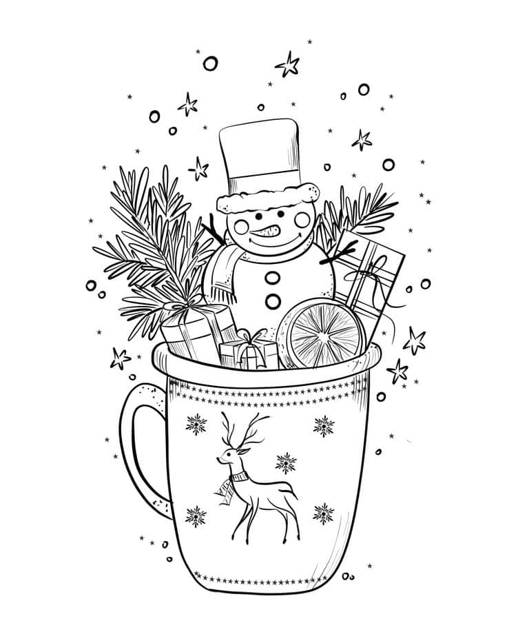 Snowman in a mug Fresh Christmas coloring page Festive mug illustration with snowman, gifts, pine branches, and reindeer design, perfect for Christmas coloring pages. | Sky Rye Design Festive mug illustration with snowman, gifts, pine branches, and reindeer design, perfect for Christmas coloring pages.