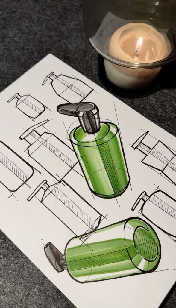 Soap dispenser - Concept Sketches - Industrial Design Sketch of green pump bottles with a lit candle on a dark surface. | Sky Rye Design Sketch of green pump bottles with a lit candle on a dark surface.
