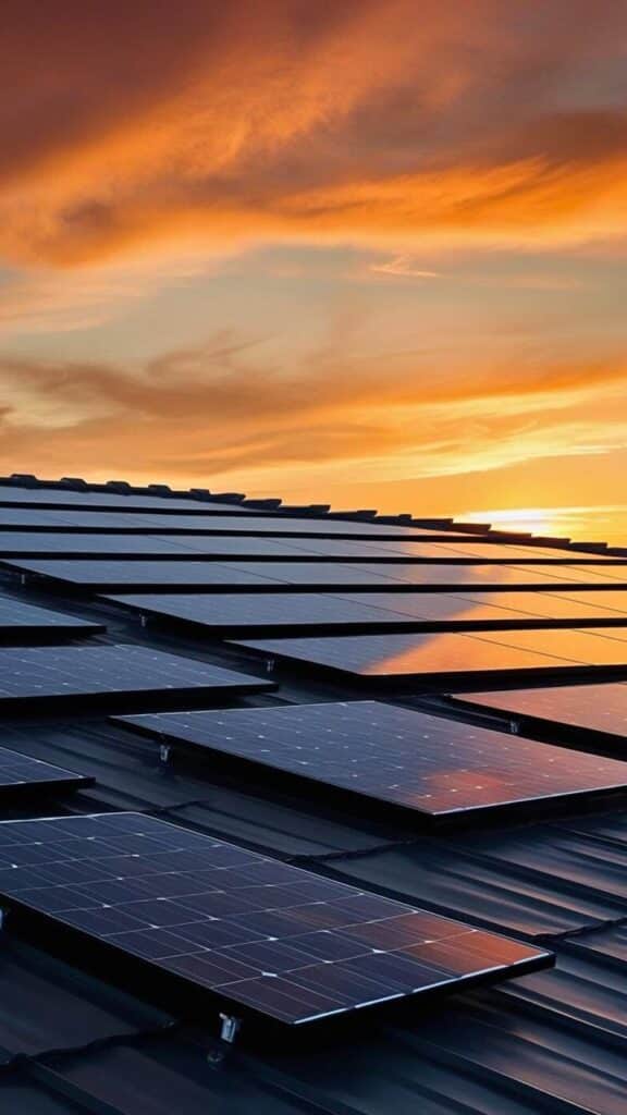 Solar panels on rooftop at sunset, showcasing renewable energy and sustainable technology against vibrant sky.