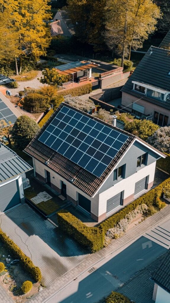 Modern home with solar panels on roof surrounded by trees, showcasing sustainable living and renewable energy use.