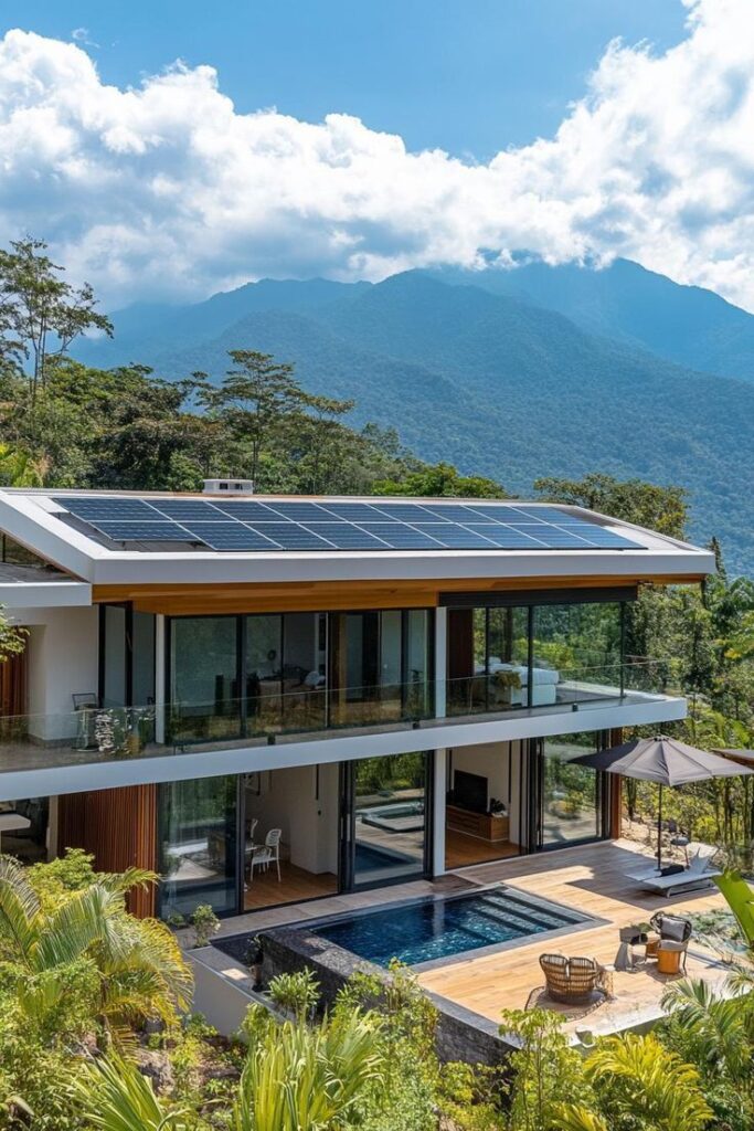 Solar roofing designs with a sleepy touch from Abacus Home Designs Modern eco-friendly villa with solar panels and pool, nestled in lush mountains under a bright blue sky. | Sky Rye Design Modern eco-friendly villa with solar panels and pool, nestled in lush mountains under a bright blue sky. Roof design
