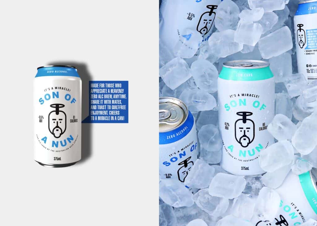 Son-of-a-Nun-for-Website3 Son of a Nun zero alcohol beer cans on ice, highlighting its zero alcohol content and low calorie count. | Sky Rye Design Son of a Nun zero alcohol beer cans on ice, highlighting its zero alcohol content and low calorie count.