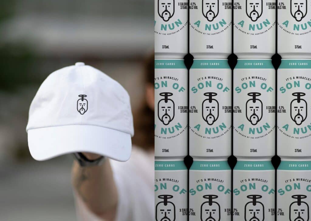 Son-of-a-Nun-for-Website7 White cap with logo and Son of a Nun canned drinks with zero carbs and 4.2% alcohol content, 375ml. | Sky Rye Design White cap with logo and Son of a Nun canned drinks with zero carbs and 4.2% alcohol content, 375ml.