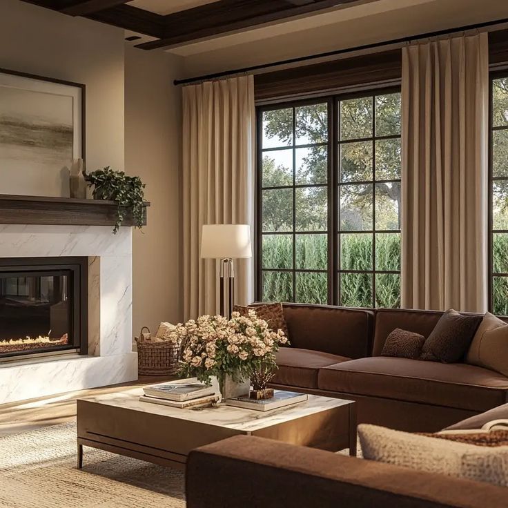 Elegant living room with cozy brown sofas, a marble fireplace, large window, and stylish decor. Warm and inviting space.