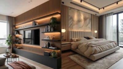 Modern living room and bedroom with stylish decor, ambient lighting, and elegant furniture. Cozy and sophisticated interior.