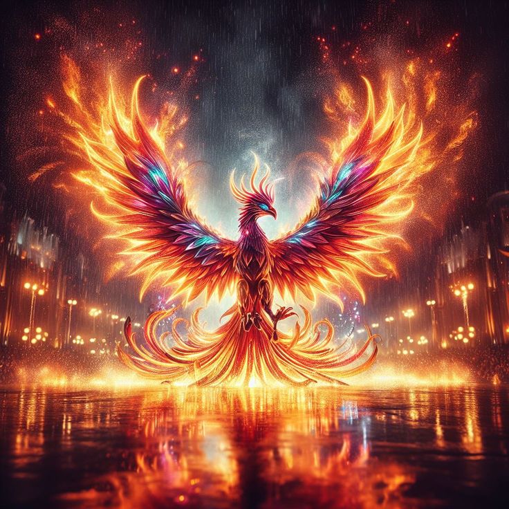Vibrant phoenix rising with colorful flames, wings outstretched against a glowing city backdrop, symbolizing rebirth.